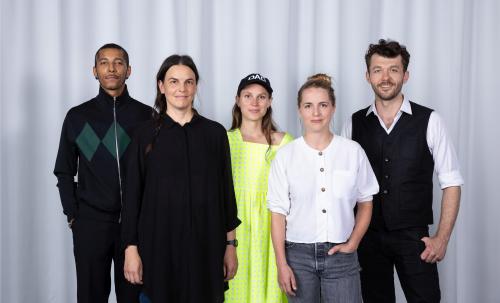 Winners of STRABAG Artaward International 2024, from left to right: Alexandre Diop, Tina Dobrajc, Nana Mandl, Eva Gentner and Andrey Klassen. Photo: Eva Kelety